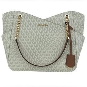 Michael Kors NWT Large Jet Set Travel Tote Handbag Signature Vanilla Gold Chain